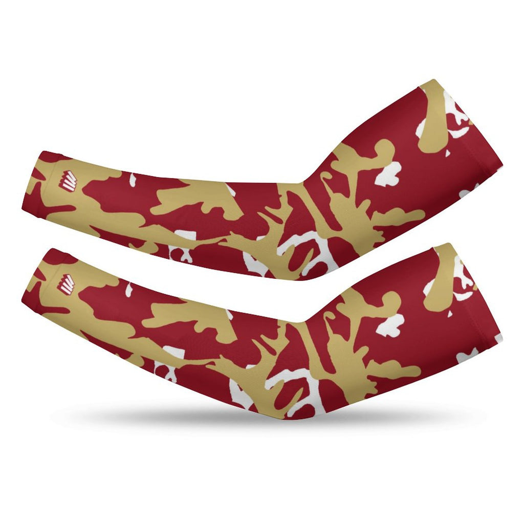 Athletic sports compression arm sleeve for youth and adult football, basketball, baseball, and softball printed with camo maroon, gold, and white colors. 