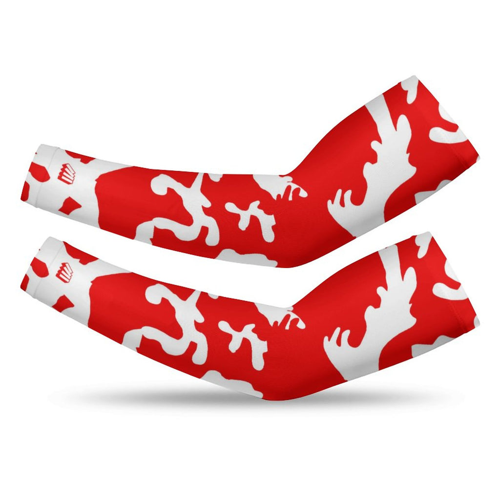 Athletic sports compression arm sleeve for youth and adult football, basketball, baseball, and softball printed with camo red, and white colors. 