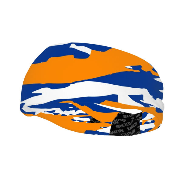 Athletic sports sweatband wide headband for youth and adult football, basketball, baseball, softball, gym workout, printed with royal blue, orange, and white colors. 