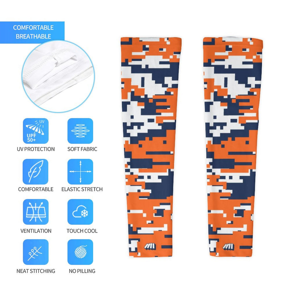 Athletic sports compression arm sleeve for youth and adult football, basketball, baseball, and softball printed with digicamo navy blue, orange, and white colors.  

