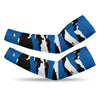 Athletic sports compression arm sleeve for youth and adult football, basketball, baseball, and softball printed with predator blue, white, and black colors. 