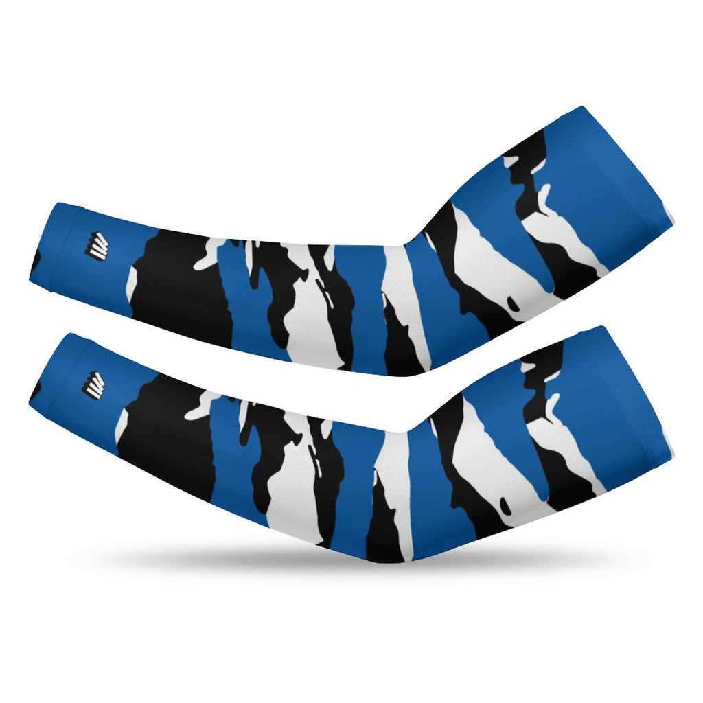 Athletic sports compression arm sleeve for youth and adult football, basketball, baseball, and softball printed with predator blue, white, and black colors. 