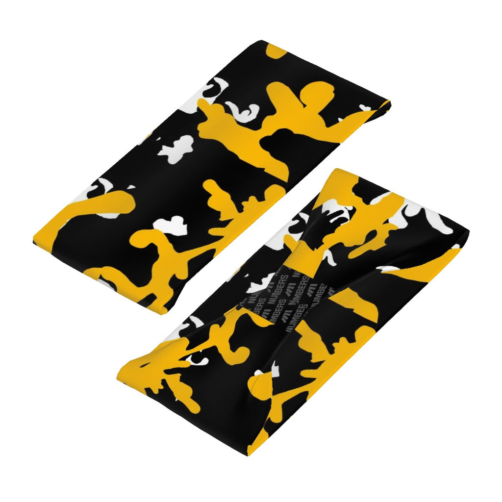 Athletic sports sweatband wide headband for youth and adult football, basketball, baseball, softball, gym workout, printed with black, yellow, and white colors. 