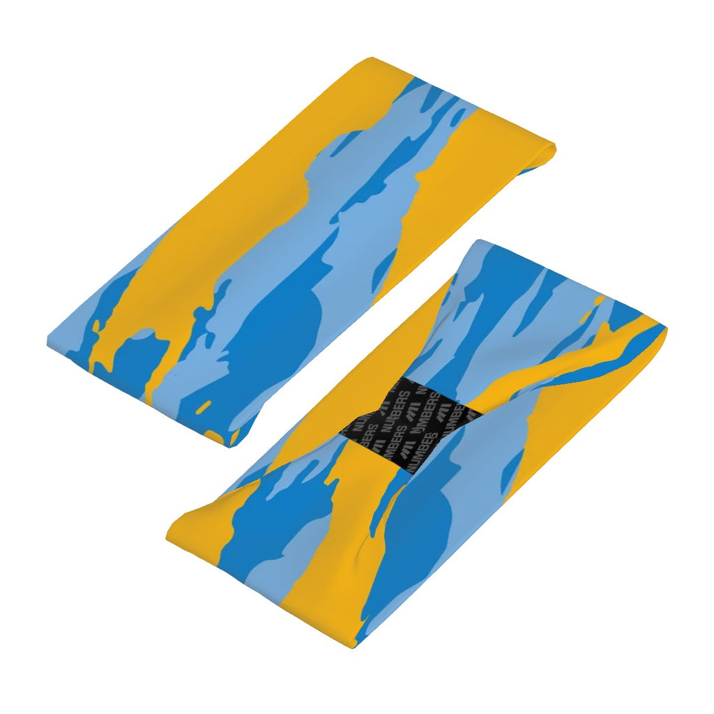 Athletic sports sweatband wide headband for youth and adult football, basketball, baseball, softball, gym workout, printed with light blue, powder blue, and yellow colors. 