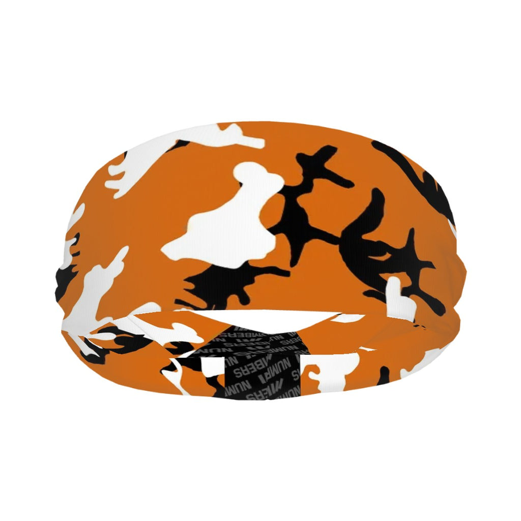 Athletic sports sweatband wide headband for youth and adult football, basketball, baseball, softball, gym workout, printed with burnt orange, white, and black colors. 
