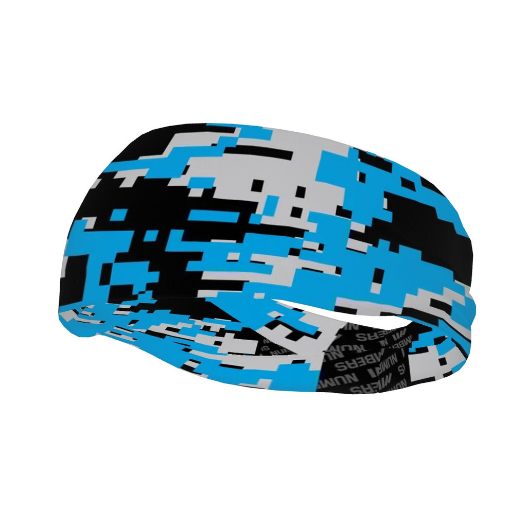 Athletic sports sweatband wide headband for youth and adult football, basketball, baseball, softball, gym workout, printed with blue, gray, and black colors.