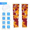 Athletic sports compression arm sleeve for youth and adult football, basketball, baseball, and softball printed with camo maroon, yellow, and white colors. 
