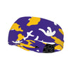Athletic sports sweatband wide headband for youth and adult football, basketball, baseball, softball, gym workout, printed with purple, yellow, and white colors. 