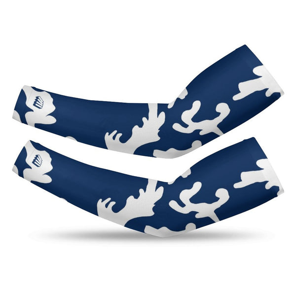 Athletic sports compression arm sleeve for youth and adult football, basketball, baseball, and softball printed with camo navy blue and white colors. 