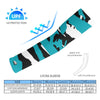 Athletic sports compression arm sleeve for youth and adult football, basketball, baseball, and softball printed with predator turquoise, black, and white colors.  