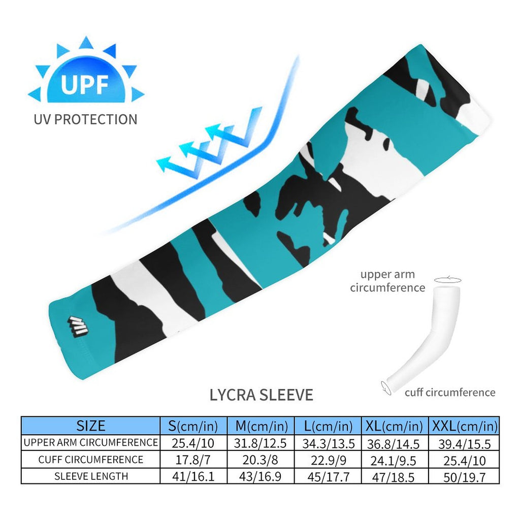 Athletic sports compression arm sleeve for youth and adult football, basketball, baseball, and softball printed with predator turquoise, black, and white colors.  