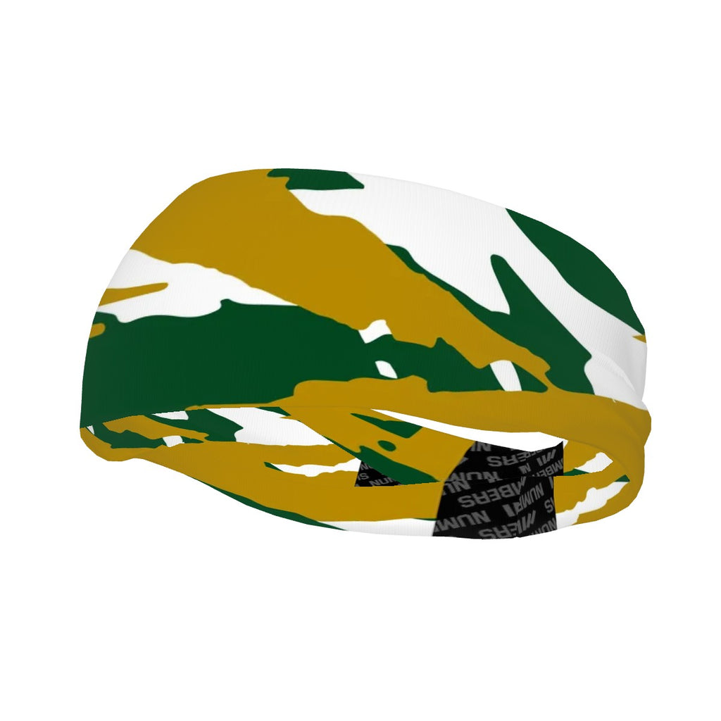 Athletic sports sweatband wide headband for youth and adult football, basketball, baseball, softball, gym workout, printed with green, gold, and white colors.