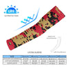Athletic sports compression arm sleeve for youth and adult football, basketball, baseball, and softball printed with digicamo red, gold, and black colors.