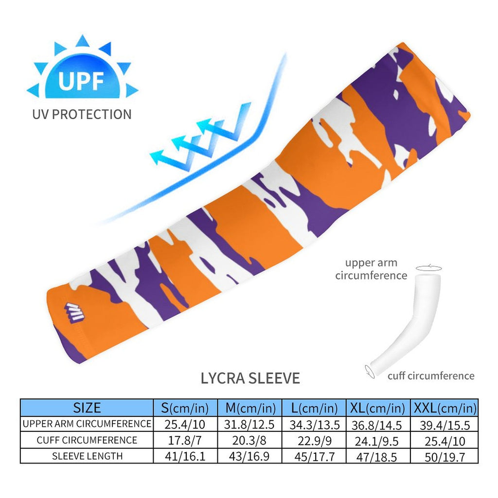 Athletic sports compression arm sleeve for youth and adult football, basketball, baseball, and softball printed with predator purple, orange, and white colors. 