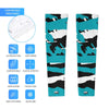 Athletic sports compression arm sleeve for youth and adult football, basketball, baseball, and softball printed with predator turquoise, black, and white colors.  