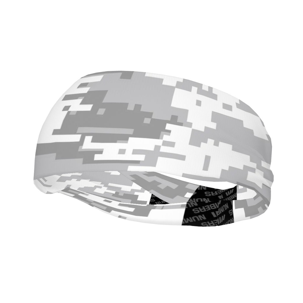 Athletic sports sweatband wide headband for youth and adult football, basketball, baseball, softball, gym workout, printed with grey and white colors.