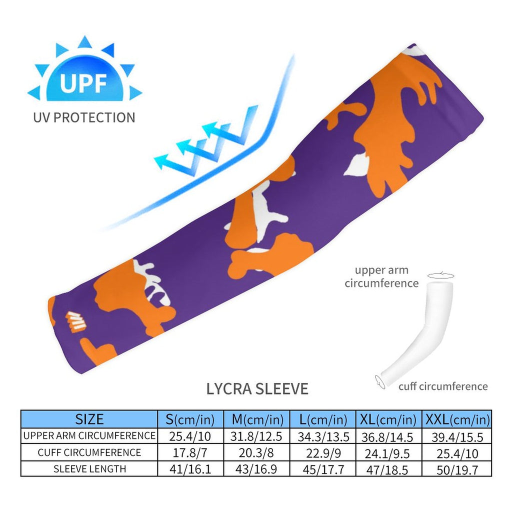 Athletic sports compression arm sleeve for youth and adult football, basketball, baseball, and softball printed with camo purple, orange, and white colors. 