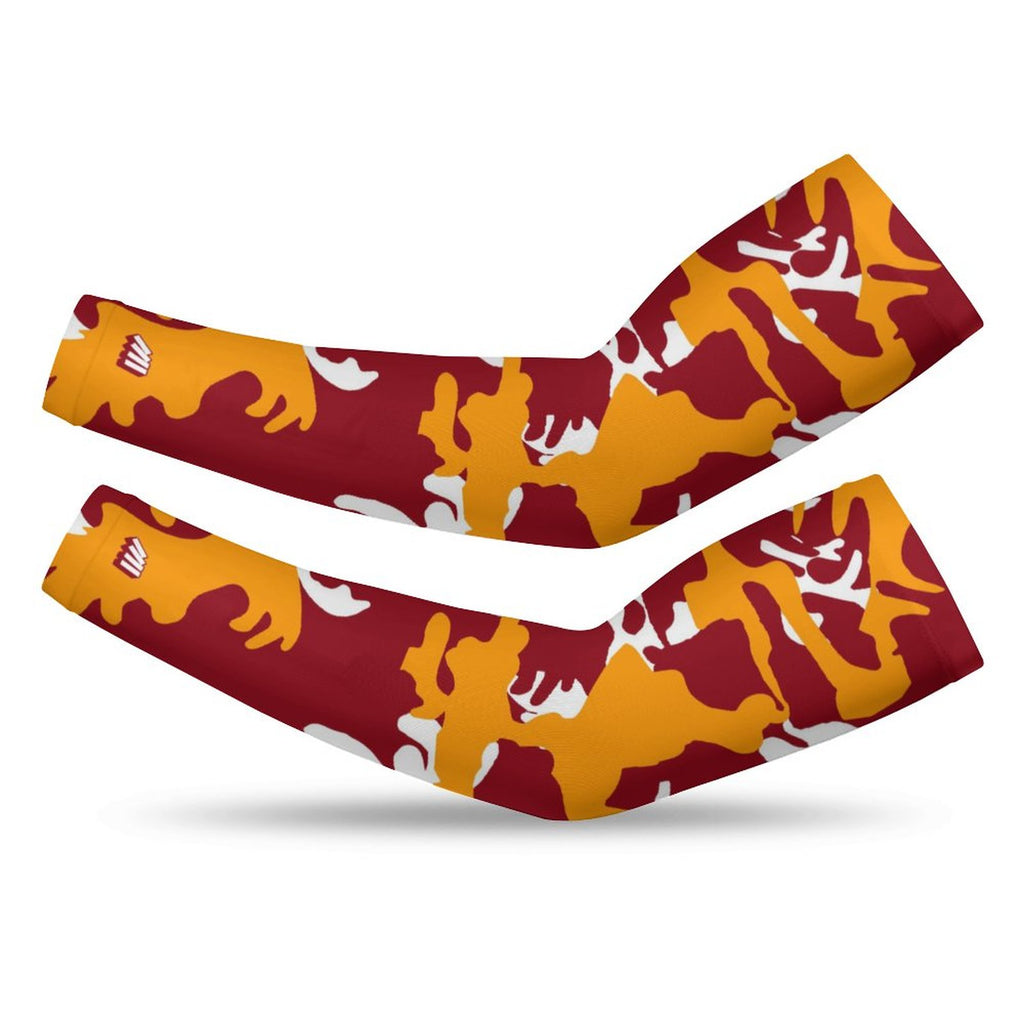 Athletic sports compression arm sleeve for youth and adult football, basketball, baseball, and softball printed with camo maroon, yellow, and white colors. 
