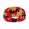 Athletic sports sweatband wide headband for youth and adult football, basketball, baseball, softball, gym workout, printed with red, gold, and black colors. 