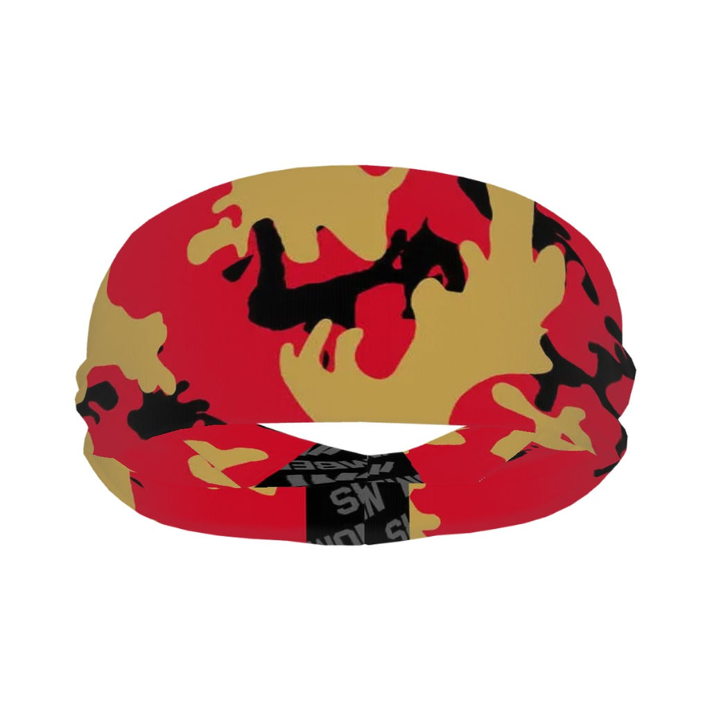 Athletic sports sweatband wide headband for youth and adult football, basketball, baseball, softball, gym workout, printed with red, gold, and black colors. 