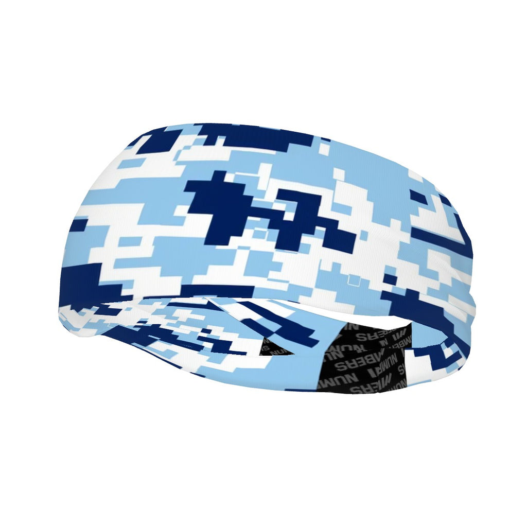 Athletic sports sweatband wide headband for youth and adult football, basketball, baseball, softball, gym workout, printed with navy blue, baby blue, and white colors.