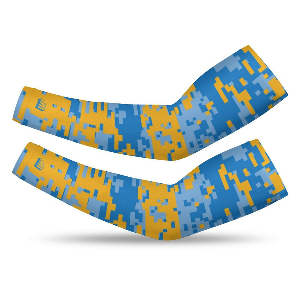 Athletic sports compression arm sleeve for youth and adult football, basketball, baseball, and softball printed with digicamo light blue, powder blue, and yellow colors.   