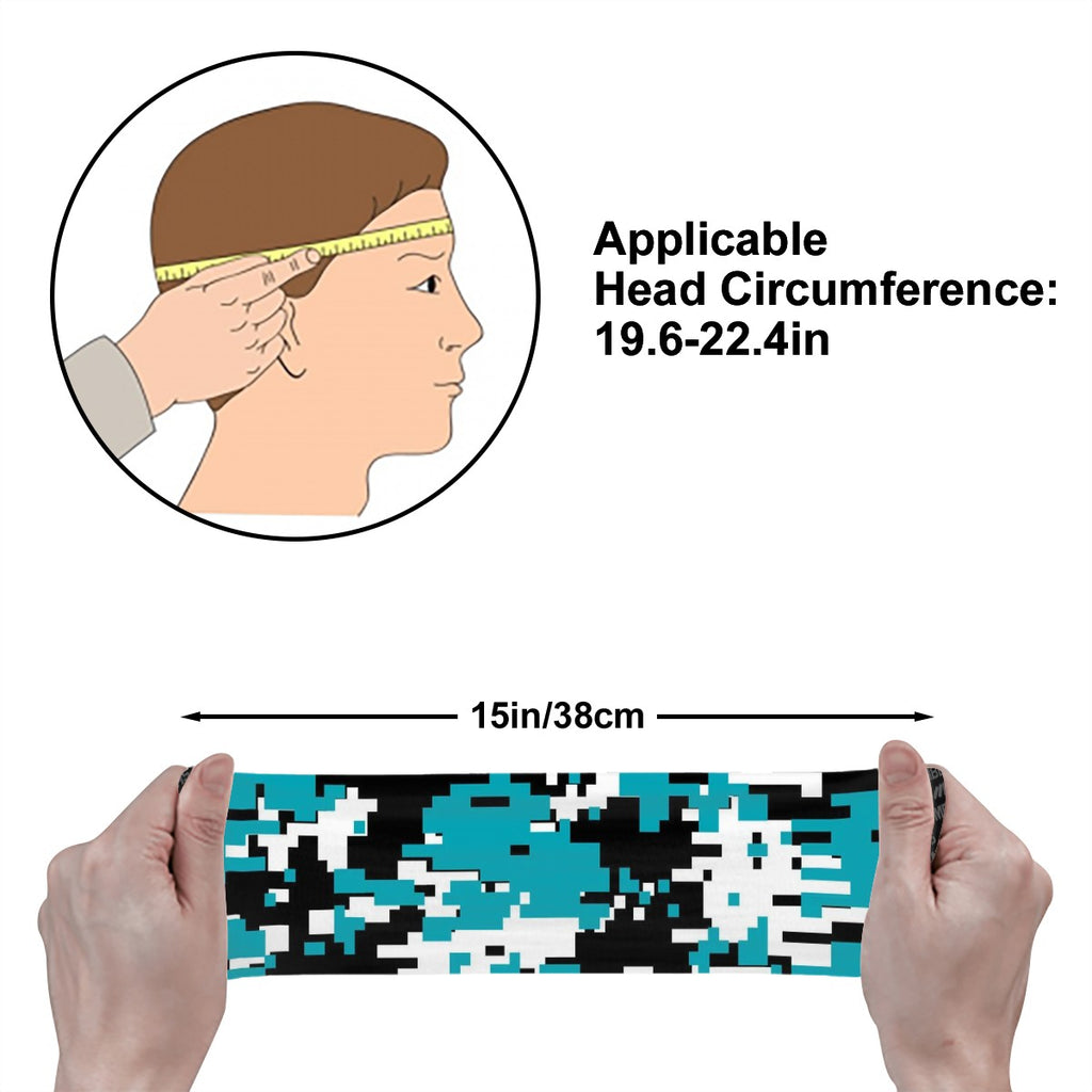 Athletic sports sweatband wide headband for youth and adult football, basketball, baseball, softball, gym workout, printed with turquoise, black, and white colors. 