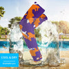 Athletic sports compression arm sleeve for youth and adult football, basketball, baseball, and softball printed with camo purple, orange, and white colors. 