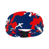 Athletic sports sweatband wide headband for youth and adult football, basketball, baseball, softball, gym workout, printed with navy blue, red, and white colors.