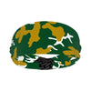 Athletic sports sweatband wide headband for youth and adult football, basketball, baseball, softball, gym workout, printed with green, gold, and white colors.