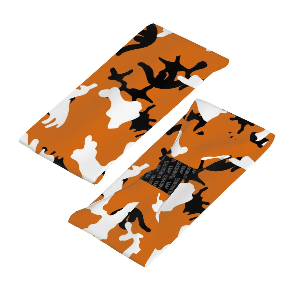 Athletic sports sweatband wide headband for youth and adult football, basketball, baseball, softball, gym workout, printed with burnt orange, white, and black colors. 
