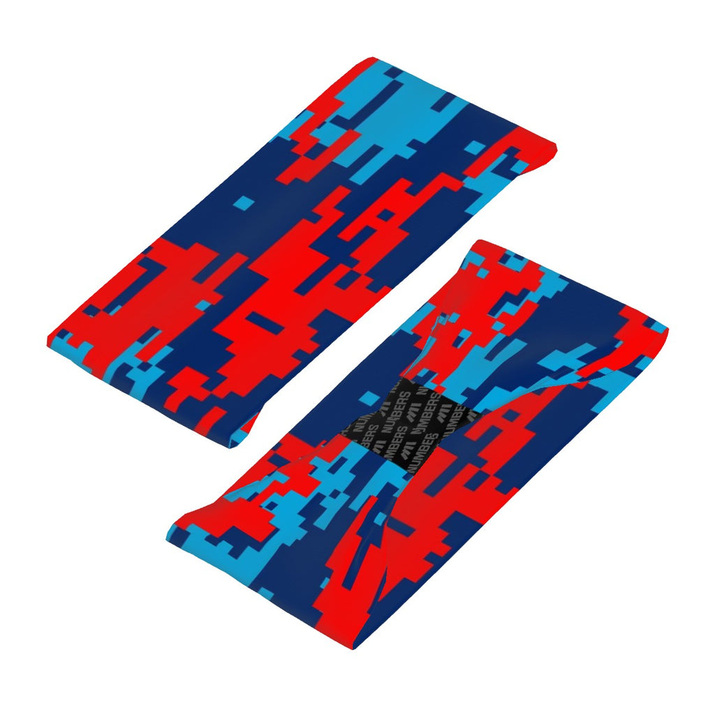 Athletic sports sweatband wide headband for youth and adult football, basketball, baseball, softball, gym workout, printed with navy blue, baby blue, and red colors.