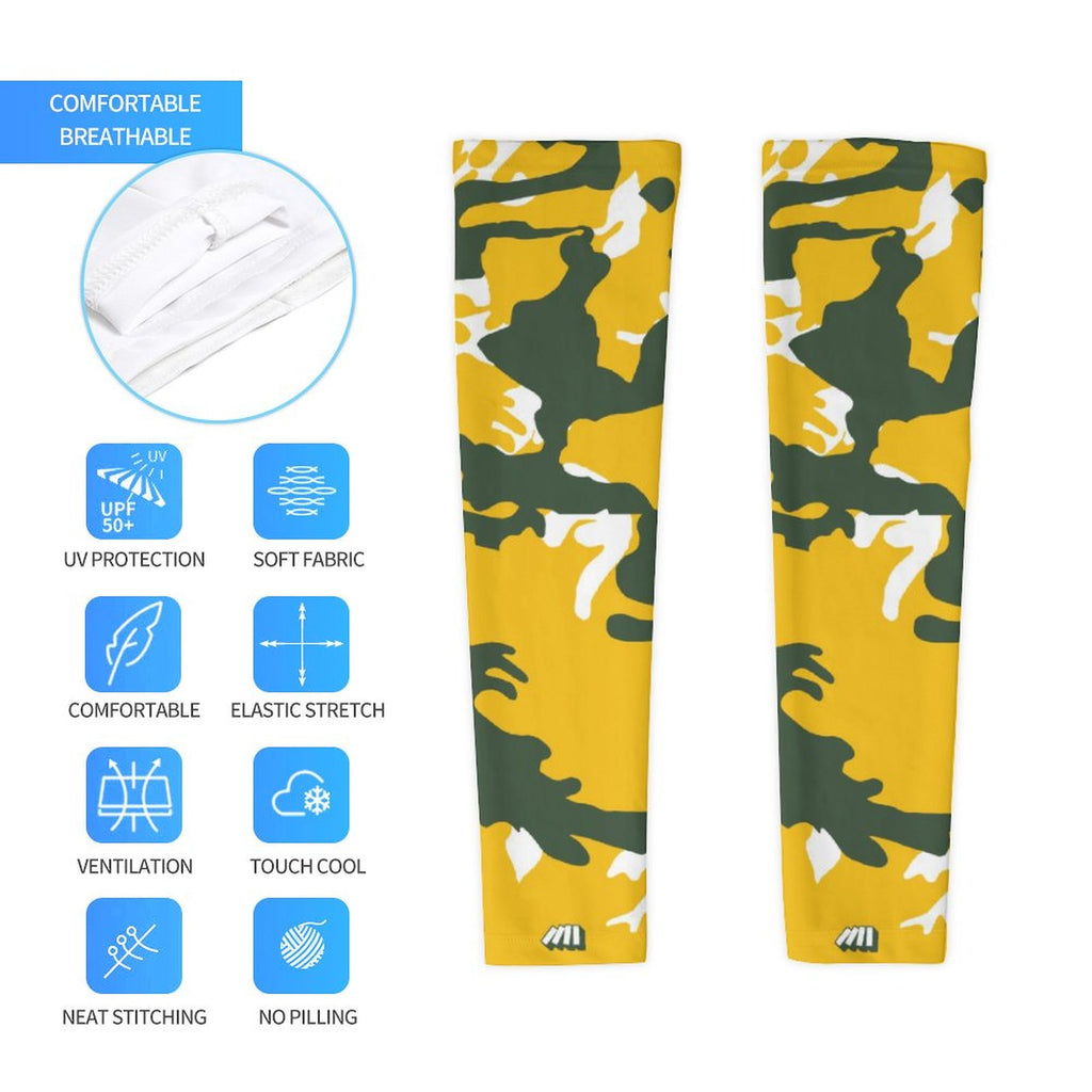 Athletic sports compression arm sleeve for youth and adult football, basketball, baseball, and softball printed with camo green, yellow, white