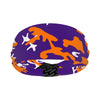 Athletic sports sweatband wide headband for youth and adult football, basketball, baseball, softball, gym workout, printed with purple, orange, and white colors. 