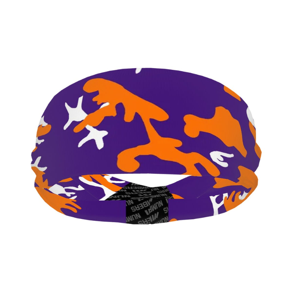 Athletic sports sweatband wide headband for youth and adult football, basketball, baseball, softball, gym workout, printed with purple, orange, and white colors. 