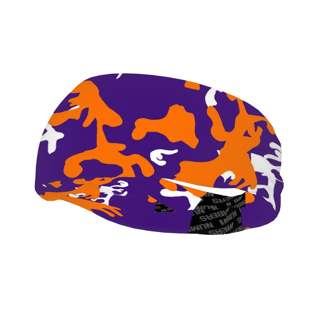 Athletic sports sweatband wide headband for youth and adult football, basketball, baseball, softball, gym workout, printed with purple, orange, and white colors. 