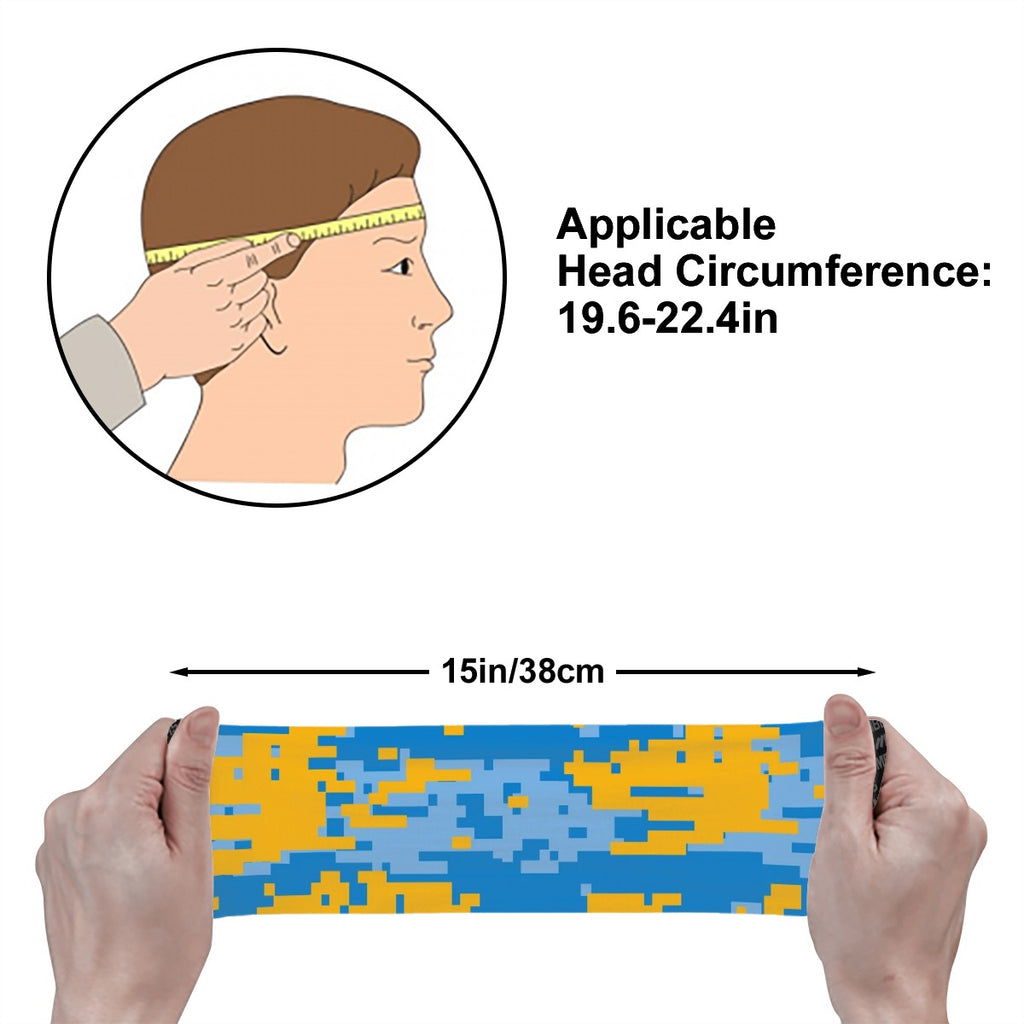 Athletic sports sweatband wide headband for youth and adult football, basketball, baseball, softball, gym workout, printed with light blue, yellow, and white colors. 