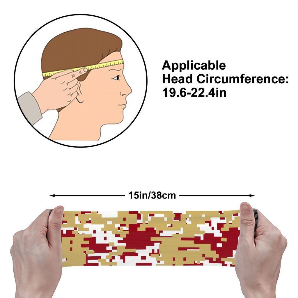 Athletic sports sweatband wide headband for youth and adult football, basketball, baseball, softball, gym workout, printed with maroon, gold, and white colors. 