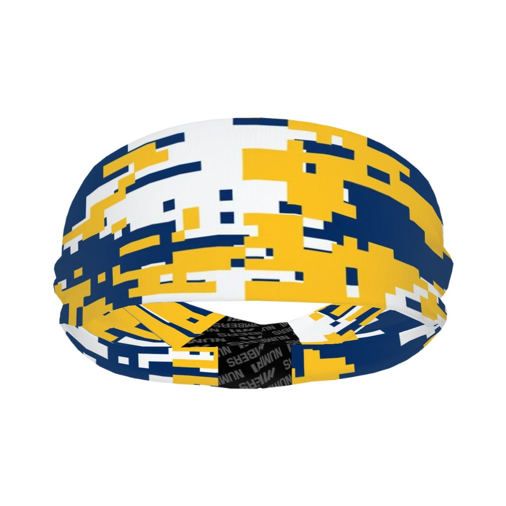 Athletic sports sweatband wide headband for youth and adult football, basketball, baseball, softball, gym workout, printed with navy blue, yellow, and white colors. 