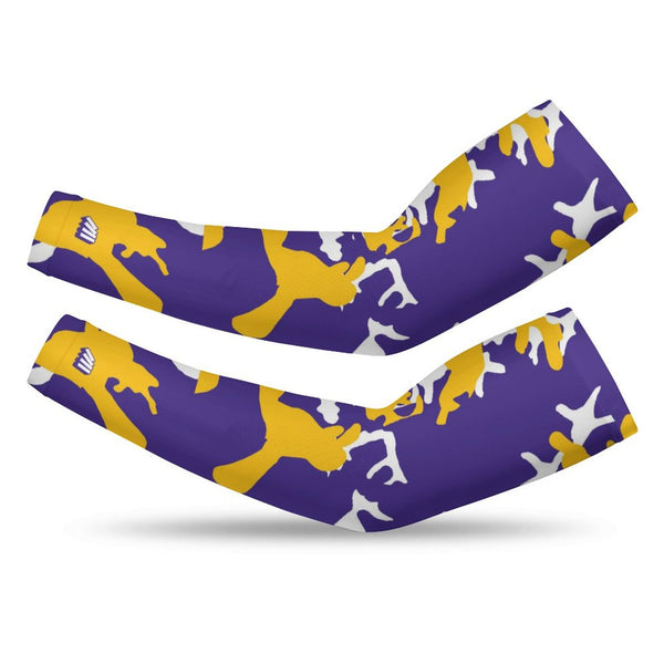 Athletic sports compression arm sleeve for youth and adult football, basketball, baseball, and softball printed with camo  yellow, purple, and white.