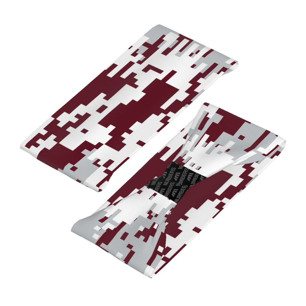 Athletic sports sweatband wide headband for youth and adult football, basketball, baseball, softball, gym workout, printed with maroon, white, and gray colors. 