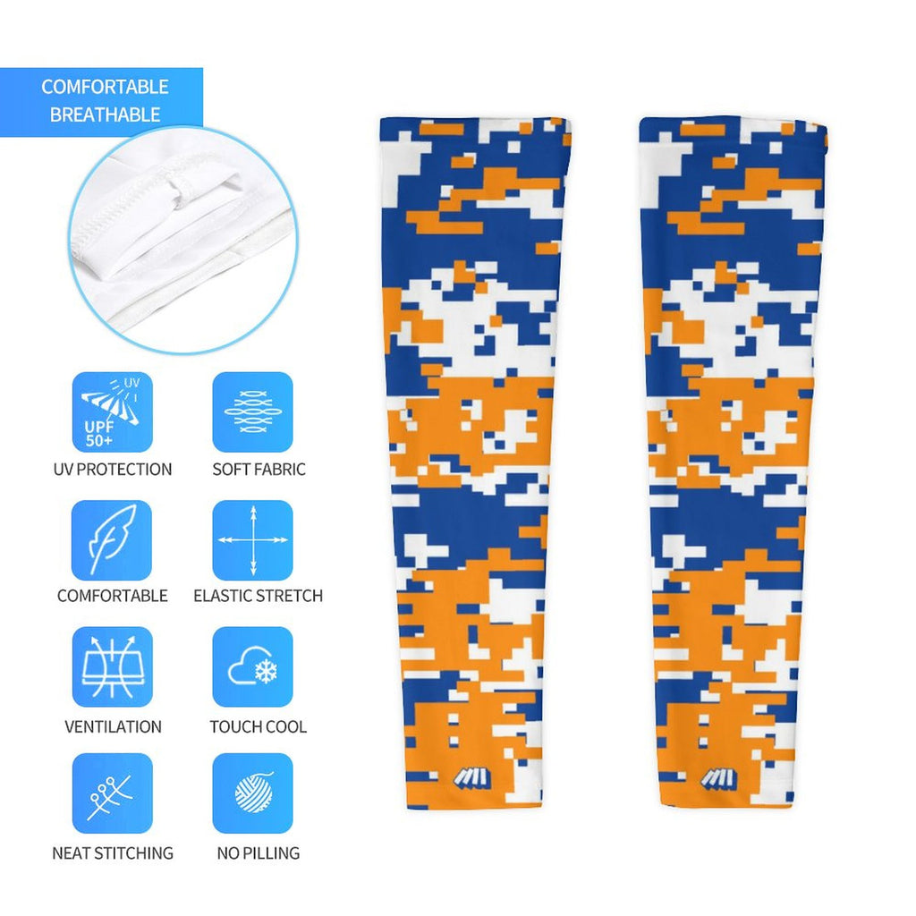 Athletic sports compression arm sleeve for youth and adult football, basketball, baseball, and softball printed with digicamo blue, orange, and white colors. 