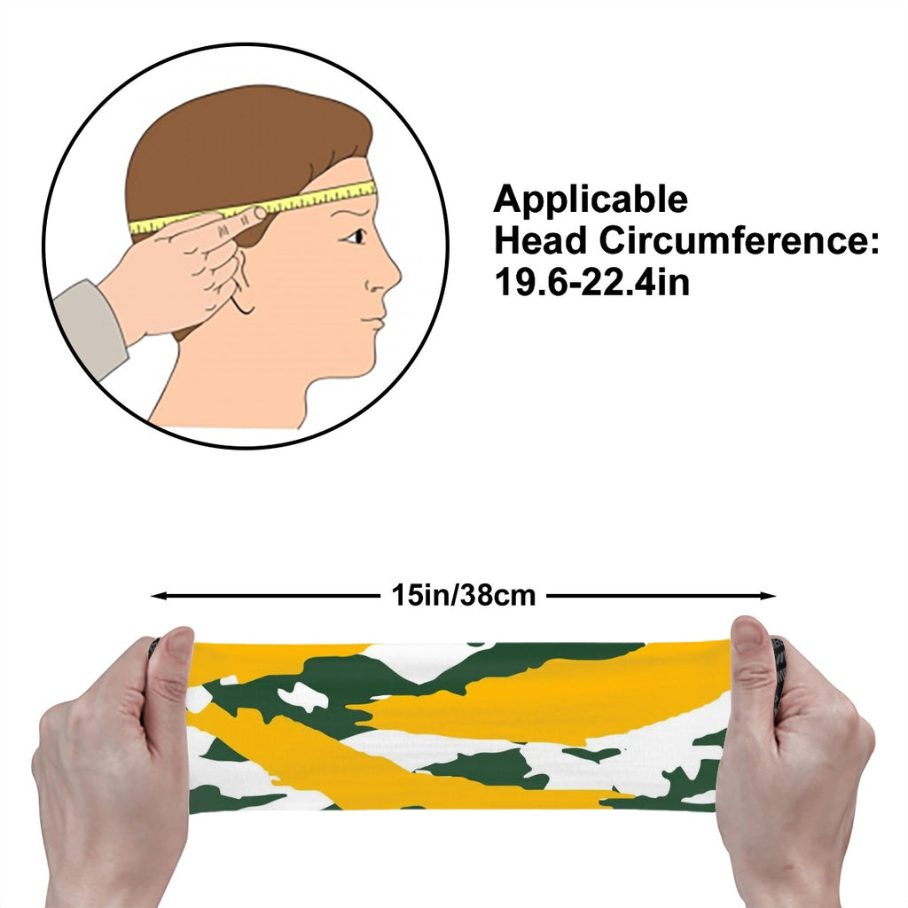 Athletic sports sweatband wide headband for youth and adult football, basketball, baseball, softball, gym workout, printed with green, yellow, and white colors. 