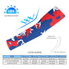 Athletic sports compression arm sleeve for youth and adult football, basketball, baseball, and softball printed with camo red, white, and blue colors. 
