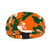 Athletic sports sweatband wide headband for youth and adult football, basketball, baseball, softball, gym workout, printed with green, orange, and white colors. 
