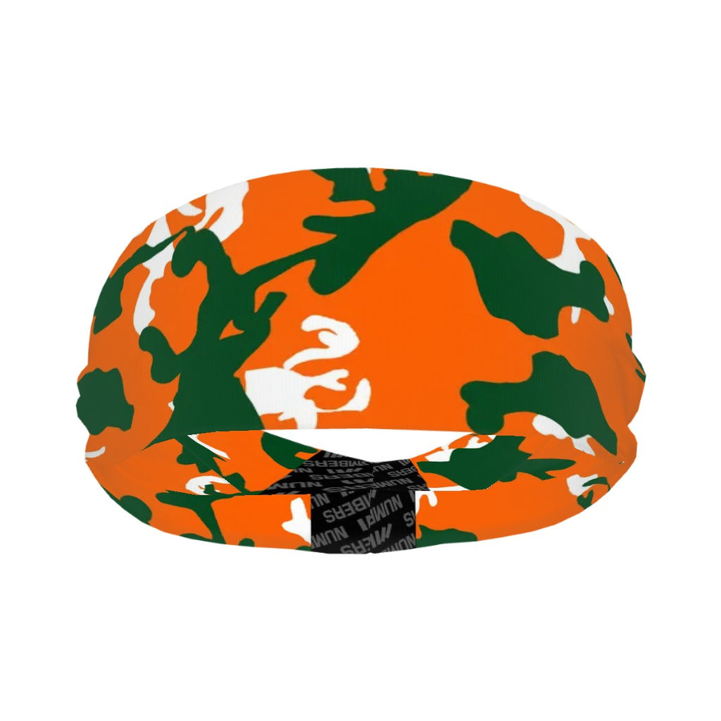 Athletic sports sweatband wide headband for youth and adult football, basketball, baseball, softball, gym workout, printed with green, orange, and white colors. 
