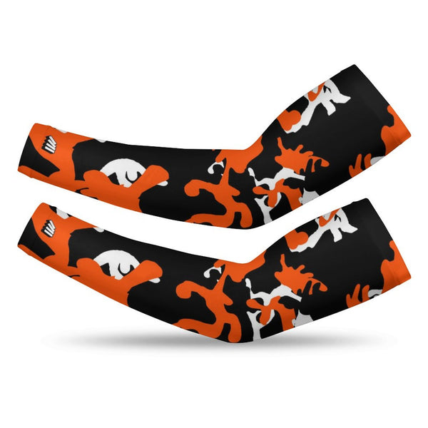 Athletic sports compression arm sleeve for youth and adult football, basketball, baseball, and softball printed with camo orange, black, and white colors. 