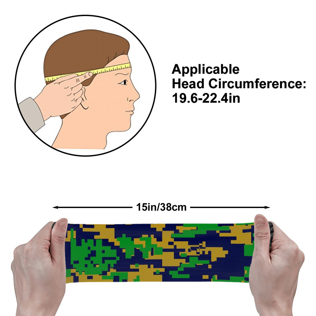 Athletic sports sweatband wide headband for youth and adult football, basketball, baseball, softball, gym workout, printed with green, navy blue, and gold colors. 