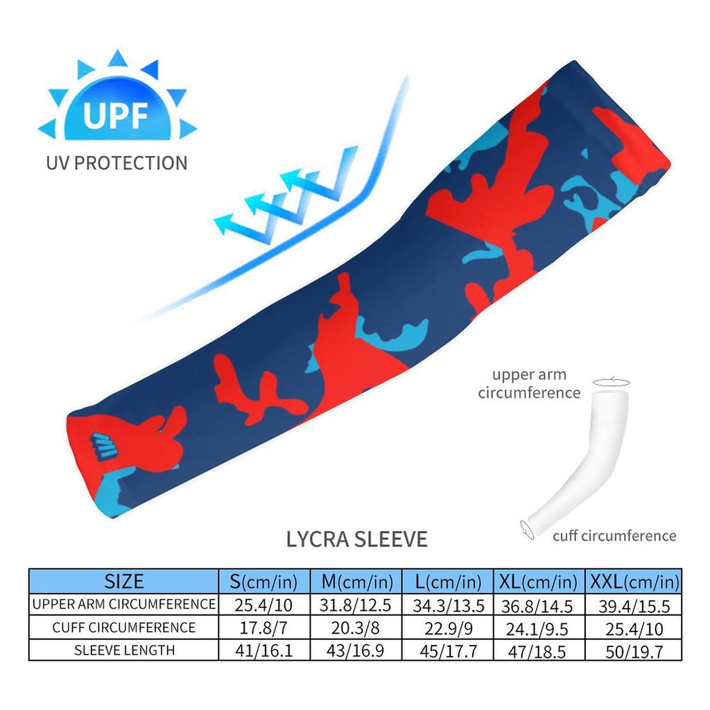 Athletic sports compression arm sleeve for youth and adult football, basketball, baseball, and softball printed with camo blue, light blue, and red colors. 