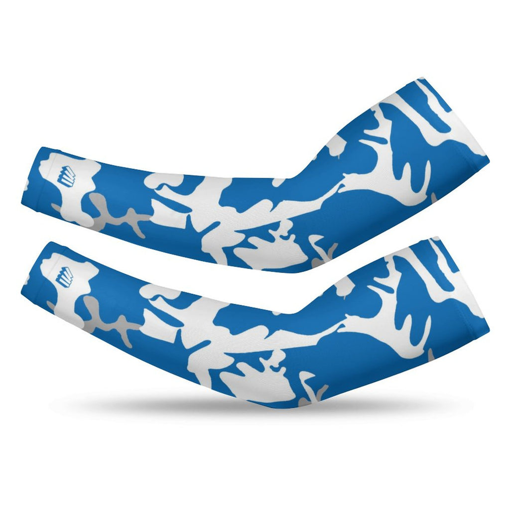 Athletic sports compression arm sleeve for youth and adult football, basketball, baseball, and softball printed with camo light blue, white, and gray colors. 